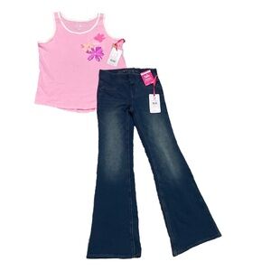 Justice girl Ringer Tank pretty 
Pink and pull on flare pant dark wash pant 🔥